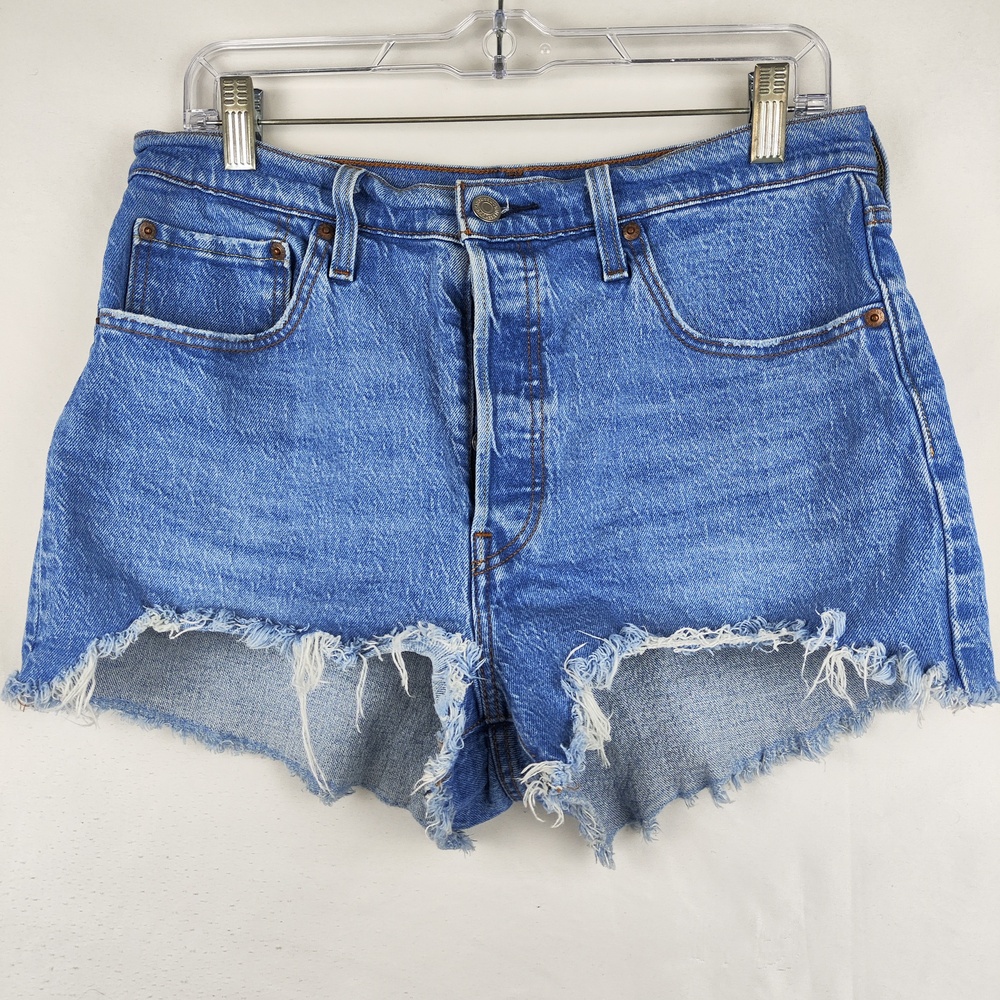 Levis 501 Denim Shorts Womens W31 Blue Button Fly Cutoff Raw Hem High Rise